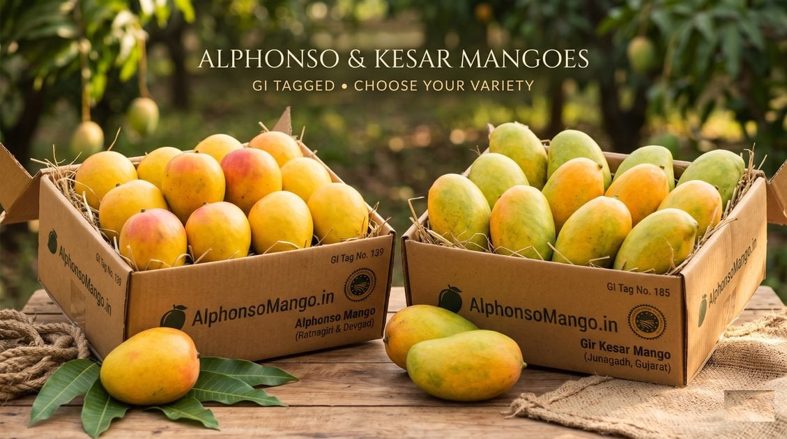 Two open cardboard boxes on a wooden table outdoors, filled with GI-tagged Alphonso and Gir Kesar mangoes from AlphonsoMango.in, showing distinct variety labels and natural orchard background.