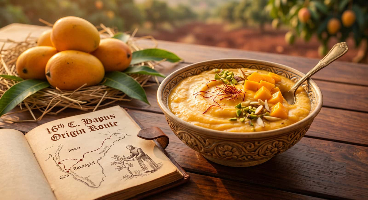 A detailed golden-hour photograph of a handcrafted ceramic bowl filled with creamy, premium Ratnagiri Alphonso Amrakhand, garnished with saffron and pistachios.