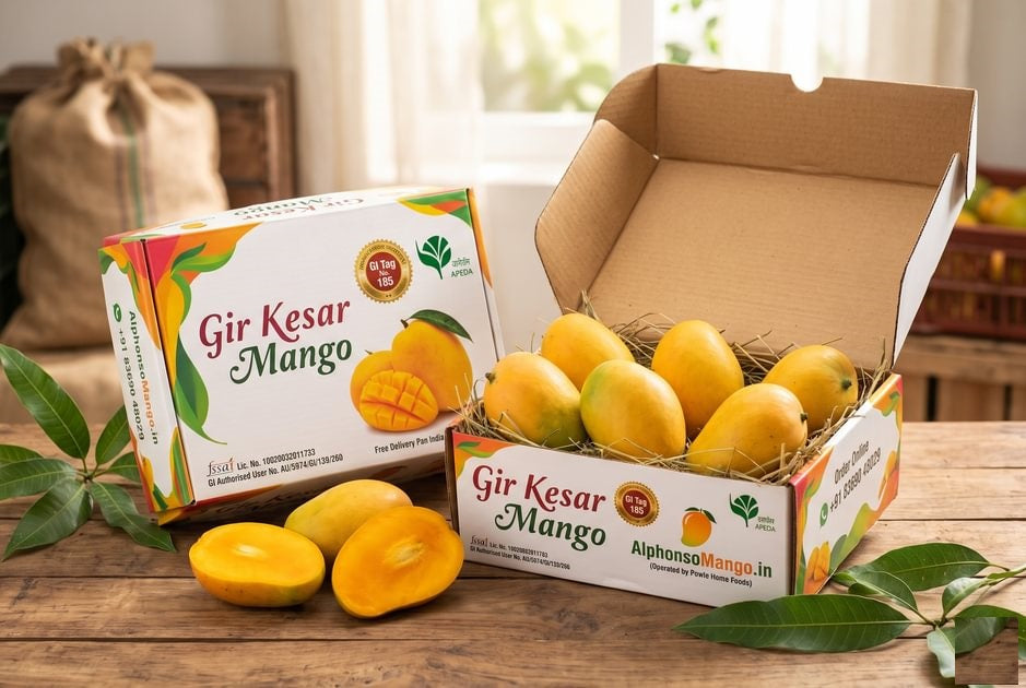 Authentic GI-tagged Gir Kesar mangoes in a custom AlphonsoMango.in delivery box filled with natural grass bedding, alongside sliced rich orange Kesar aam on a wooden table.