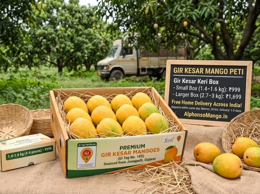 Buy authentic GI Tag No. 185 Gir Kesar mango peti online. Fresh Gir Kesar keri boxes from ₹999 with same-day dispatch and free metro delivery across India.