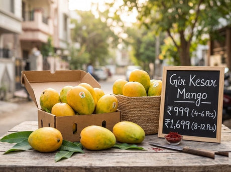 Fresh, premium Kesar mangoes in a basket at a Surat market, highlighting the vibrant orange-yellow skin characteristic of the Gir Kesar variety.