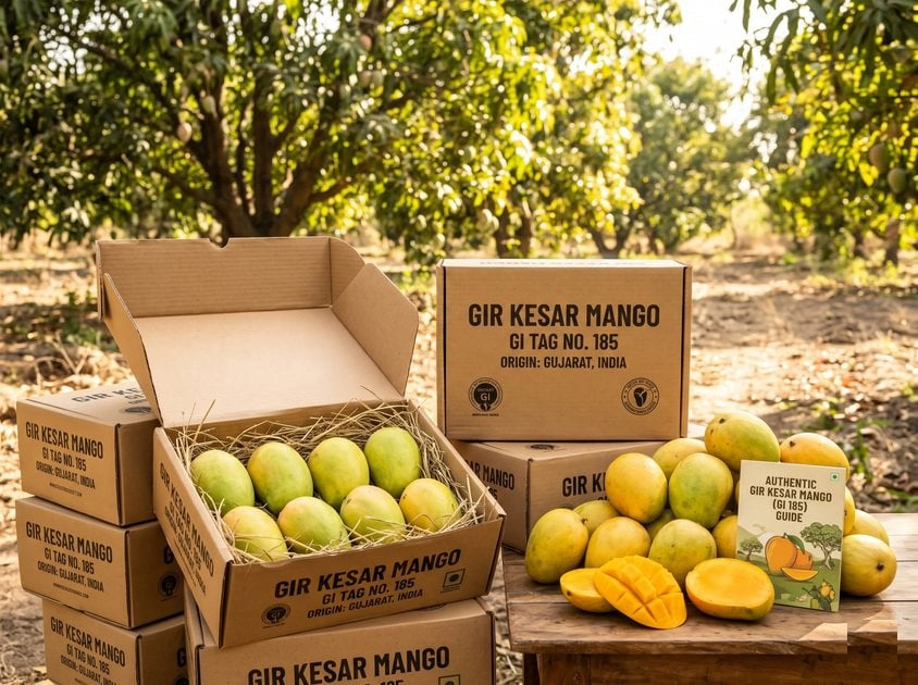 "Premium Gir Kesar mangoes from Gujarat shown with GI Tag 185 branded packaging boxes and an authenticity guide booklet in a sunlit mango orchard."