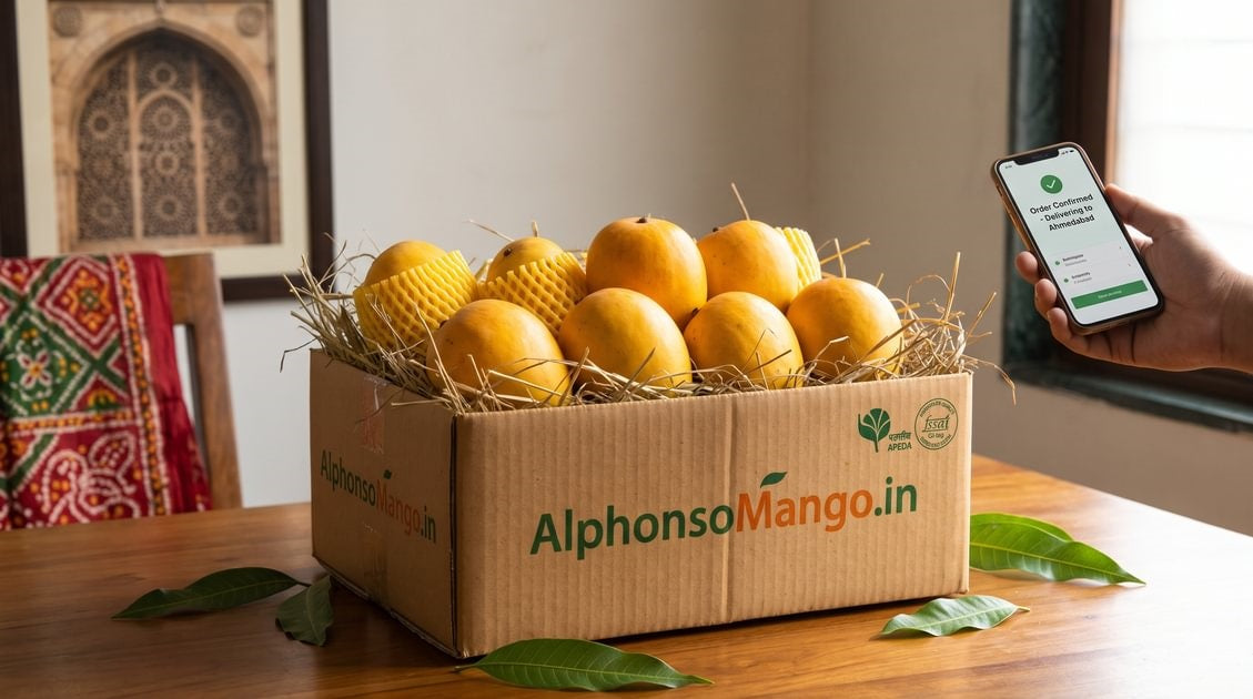 Online mango delivery in Ahmedabad from AlphonsoMango.in: Premium, naturally hay-bed ripened GI-tagged Ratnagiri Alphonso and Gir Kesar mangoes packed securely in a delivery box on a wooden table, alongside a smartphone showing order confirmation.