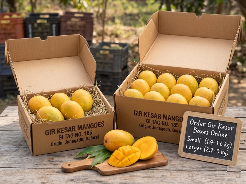 Two open cardboard delivery boxes on a wooden table, featuring GI Tag No. 185 Gir Kesar mangoes packed in natural hay—one small box holding 4–6 pieces and a larger box holding 8–12 pieces.