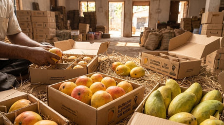 Freshly harvested Ratnagiri Alphonso and Gir Kesar mangoes being carefully packed onto natural hay beds in cardboard delivery boxes by hand inside an authentic Indian farm packhouse, displaying Geographical Indication (GI) tag identification.
