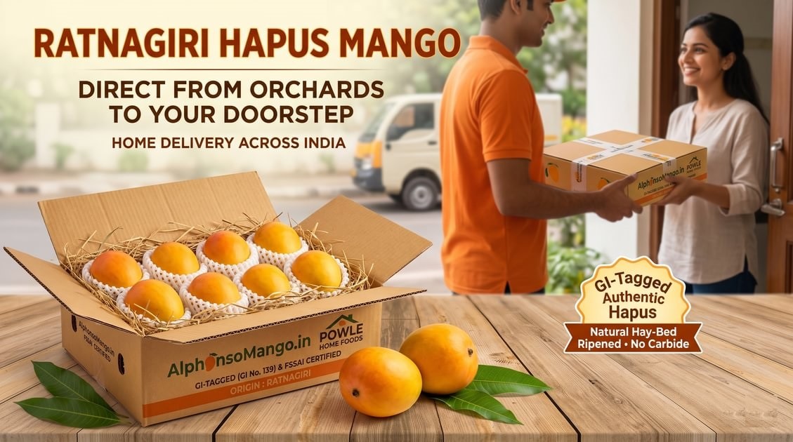 A box of fresh, GI-tagged Ratnagiri Hapus mangoes packed in hay, alongside a delivery executive handing a sealed AlphonsoMango.in box to a smiling customer at her doorstep, highlighting authentic, carbide-free Alphonso home delivery across India.