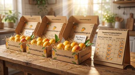 Alphonso mango subscription box recurring delivery showing courier boxes of fresh golden Hapus with a delivery schedule calendar