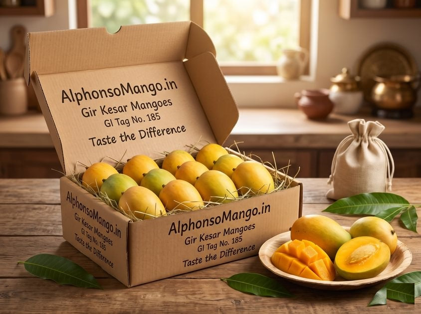 An open box of authentic Gir Kesar mangoes (GI Tag No. 185) from AlphonsoMango.in, packed in natural grass, with sliced and whole saffron-hued mangoes on a rustic wooden table.