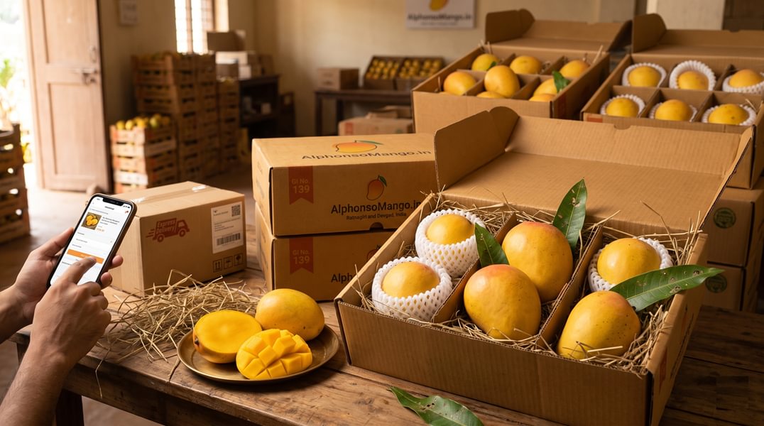 Buy Alphonso mangoes online in GI-tagged delivery box with fresh hay packing