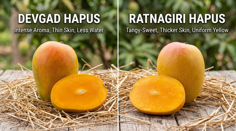 Devgad Alphonso mango with a golden, orange and green-tinted skin beside a more evenly saffron-yellow Ratnagiri Alphonso, with cut halves showing deep orange pulp