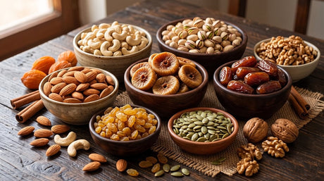 "A vibrant assortment of premium dry fruits including almonds, cashews, walnuts, and pistachios arranged elegantly next to a rustic price list."