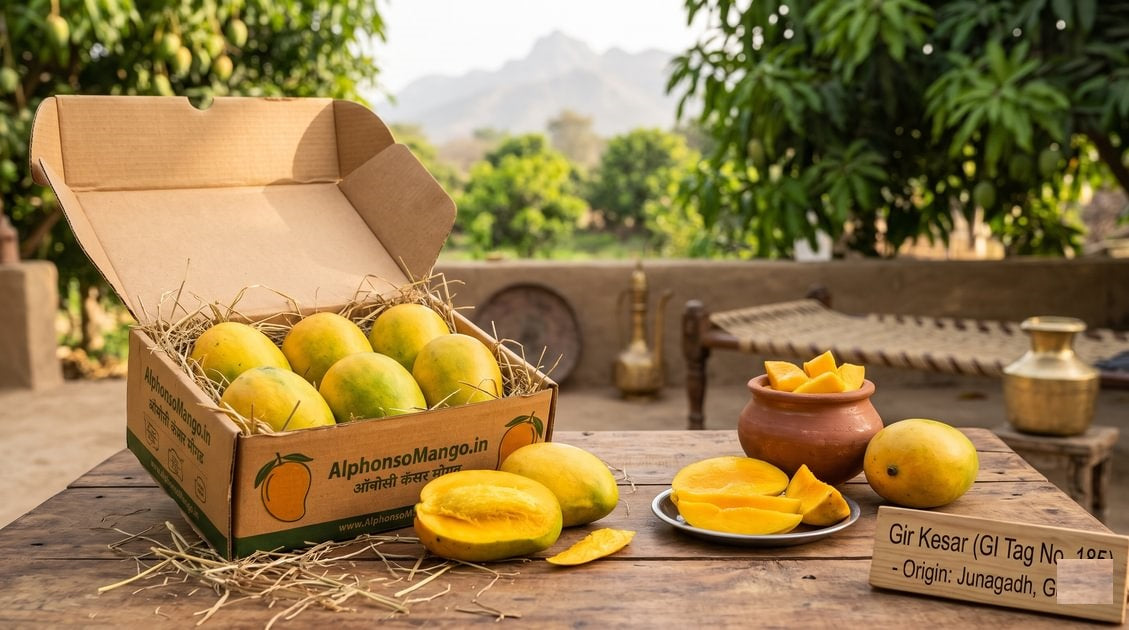 Premium Junagadh Kesar Mangoes packed in natural straw inside delivery boxes at a Gujarat orchard, with a sliced saffron-colored mango on a rustic wooden table, ready for online order.