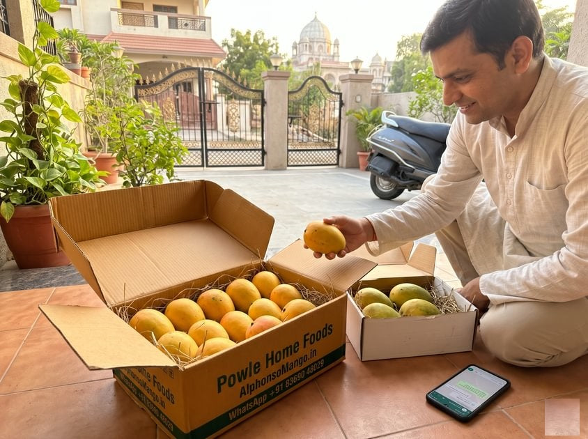 A Vadodara resident happily unboxing a fresh home delivery of GI-tagged Ratnagiri Alphonso and Gir Kesar mangoes in branded Powle Home Foods boxes from Mumbai, set against a classic Baroda neighborhood backdrop.