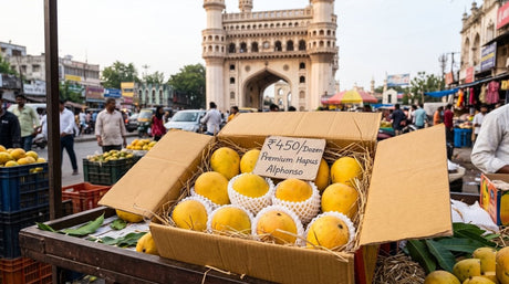A fresh box of premium Alphonso mangoes with a price tag, set against the iconic Charminar, representing the current mango price in Hyderabad and home delivery options.