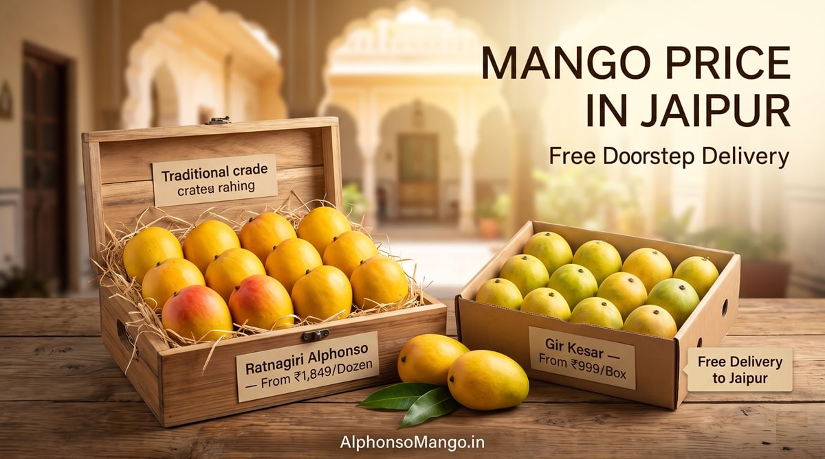 Ratnagiri Alphonso and Gir Kesar mango boxes with price rates for Jaipur online delivery by AlphonsoMango.in.