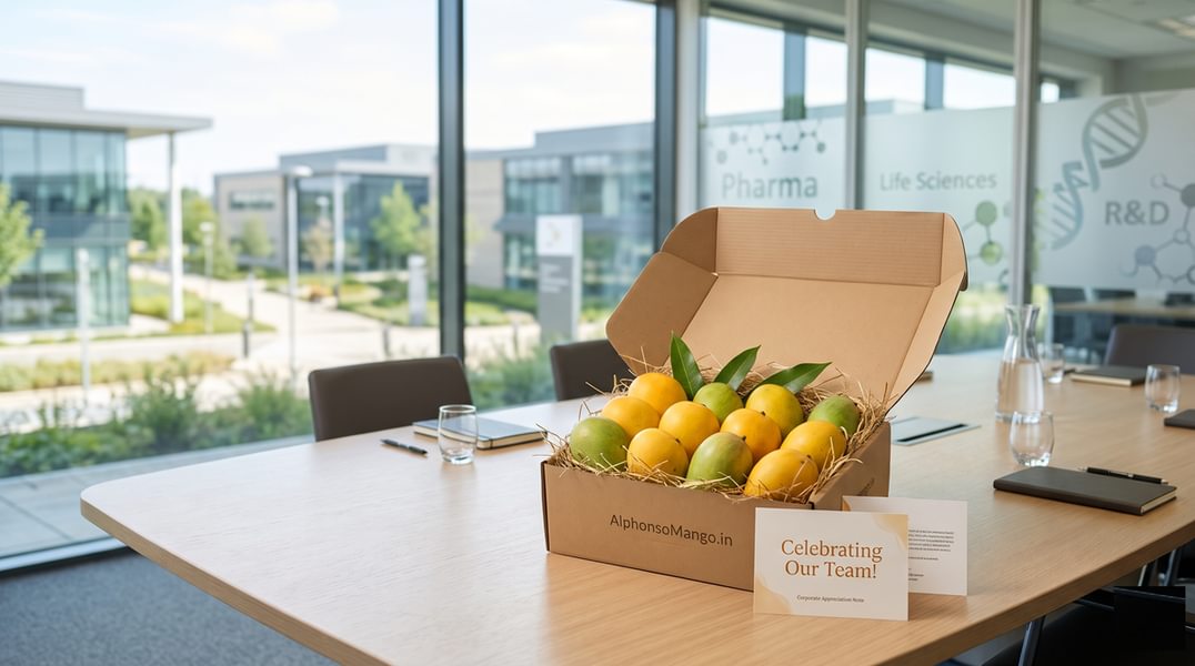 Pharma employee gifting ideas featuring a premium Alphonso mango gift box with team appreciation greeting on a modern corporate conference table