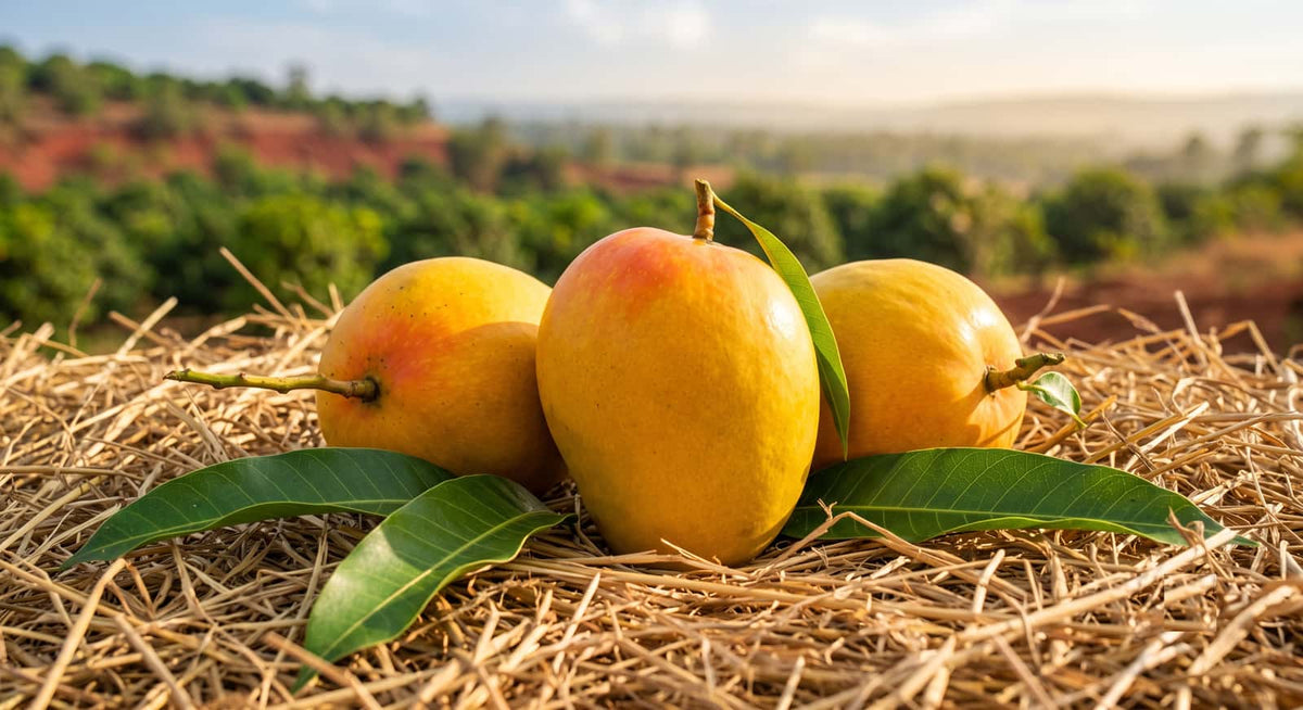 Authentic GI-tagged Ratnagiri Alphonso mangoes resting on a natural golden hay bed during the traditional ripening process.